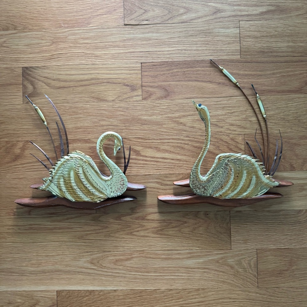 Vintage Mid-Century Swan Wall Plaques – Pair Metal & Wood Art Retro Lake Scene